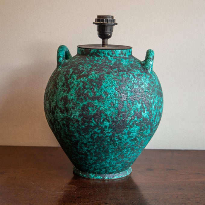 A Large Verdegris Raku-Glazed Terracotta Lamp