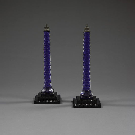 A PAIR OF BLUE CUT GLASS COLUMNED LAMPS