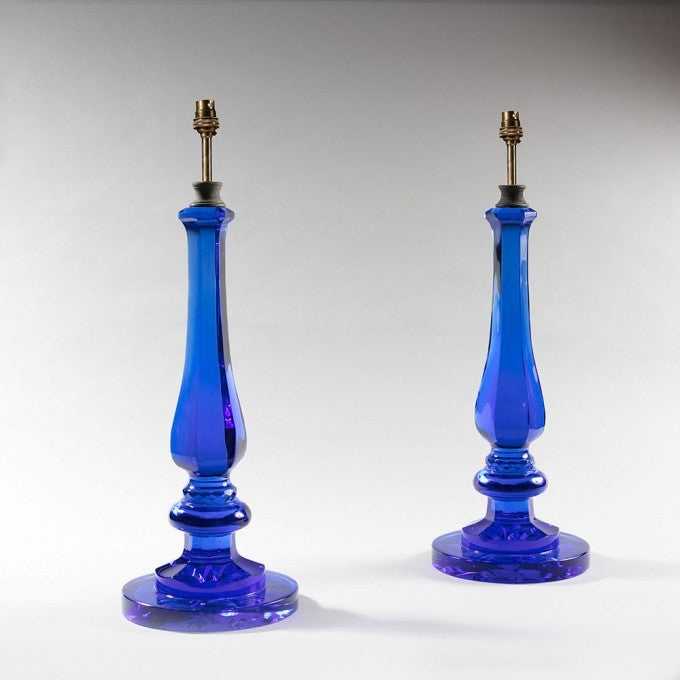 Pair of Cobalt Blue Glass Baluster Lamps