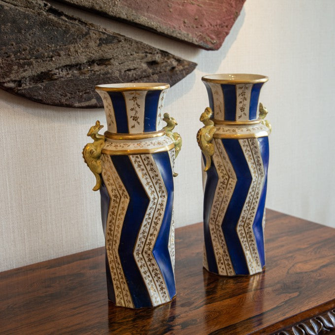 A RARE PAIR OF BLUE AND WHITE MASON'S IRONSTONE VASES