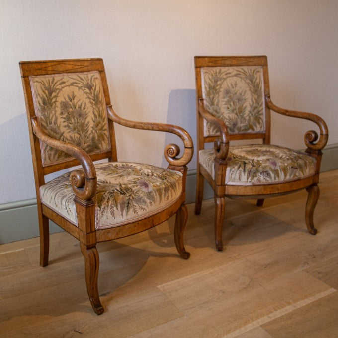 A TRIO OF NEEDLEPOINT UPHOLSTERED ELM ARMCHAIRS