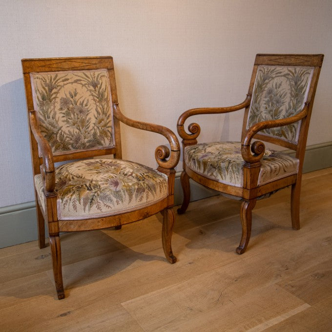 A TRIO OF NEEDLEPOINT UPHOLSTERED ELM ARMCHAIRS
