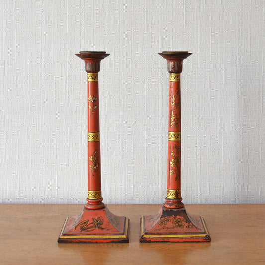 Pair of Red Lacquer Candlesticks