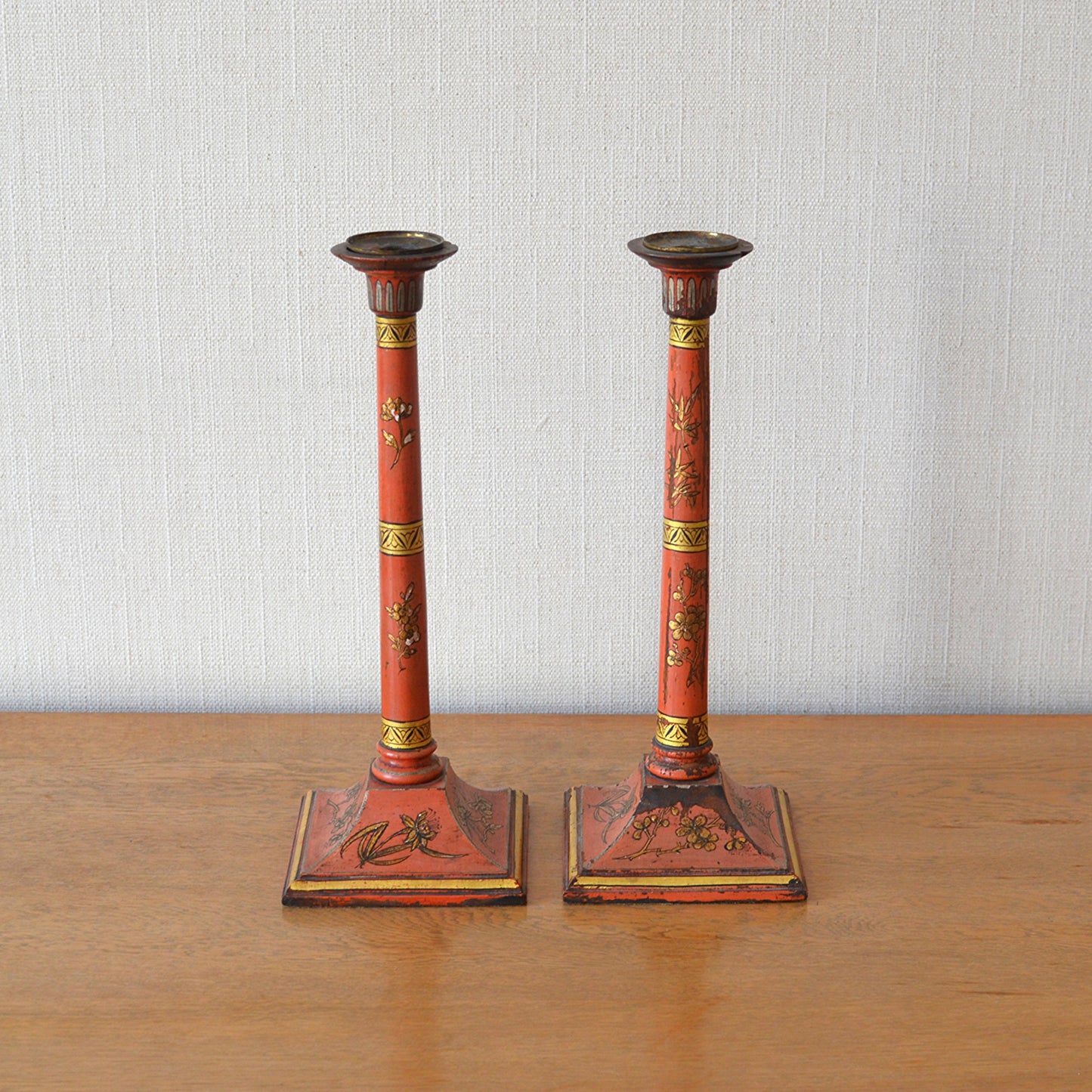 Pair of Red Lacquer Candlesticks