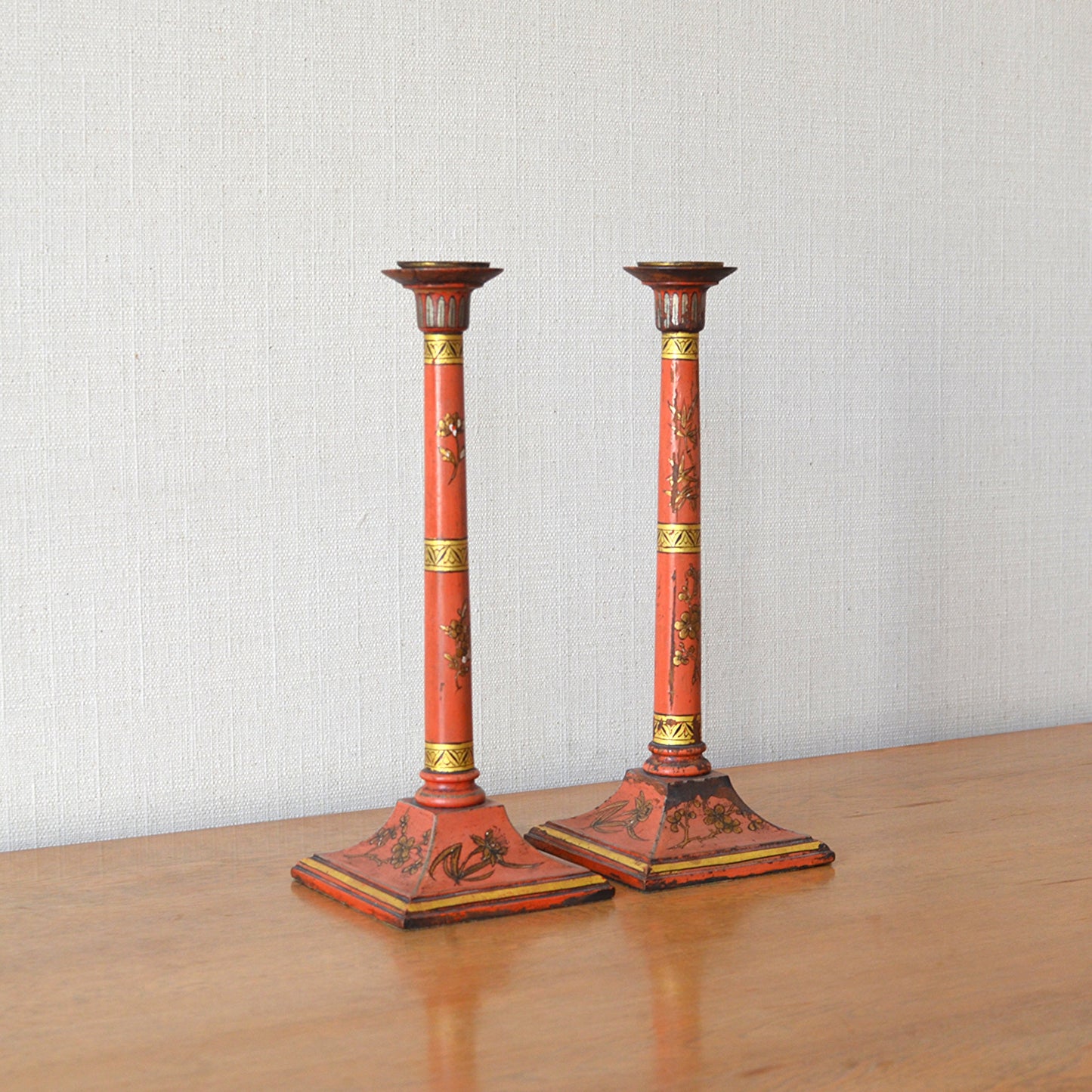 Pair of Red Lacquer Candlesticks