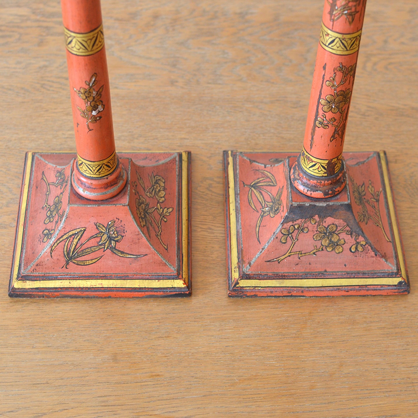 Pair of Red Lacquer Candlesticks