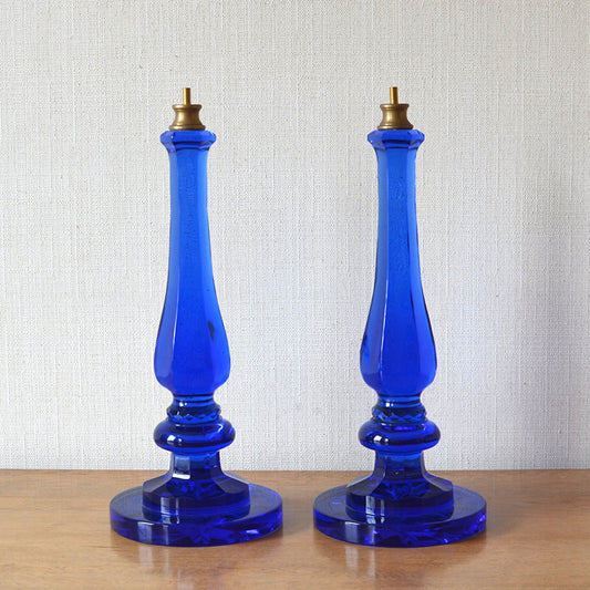 Pair of Cobalt Blue Glass Baluster Lamps