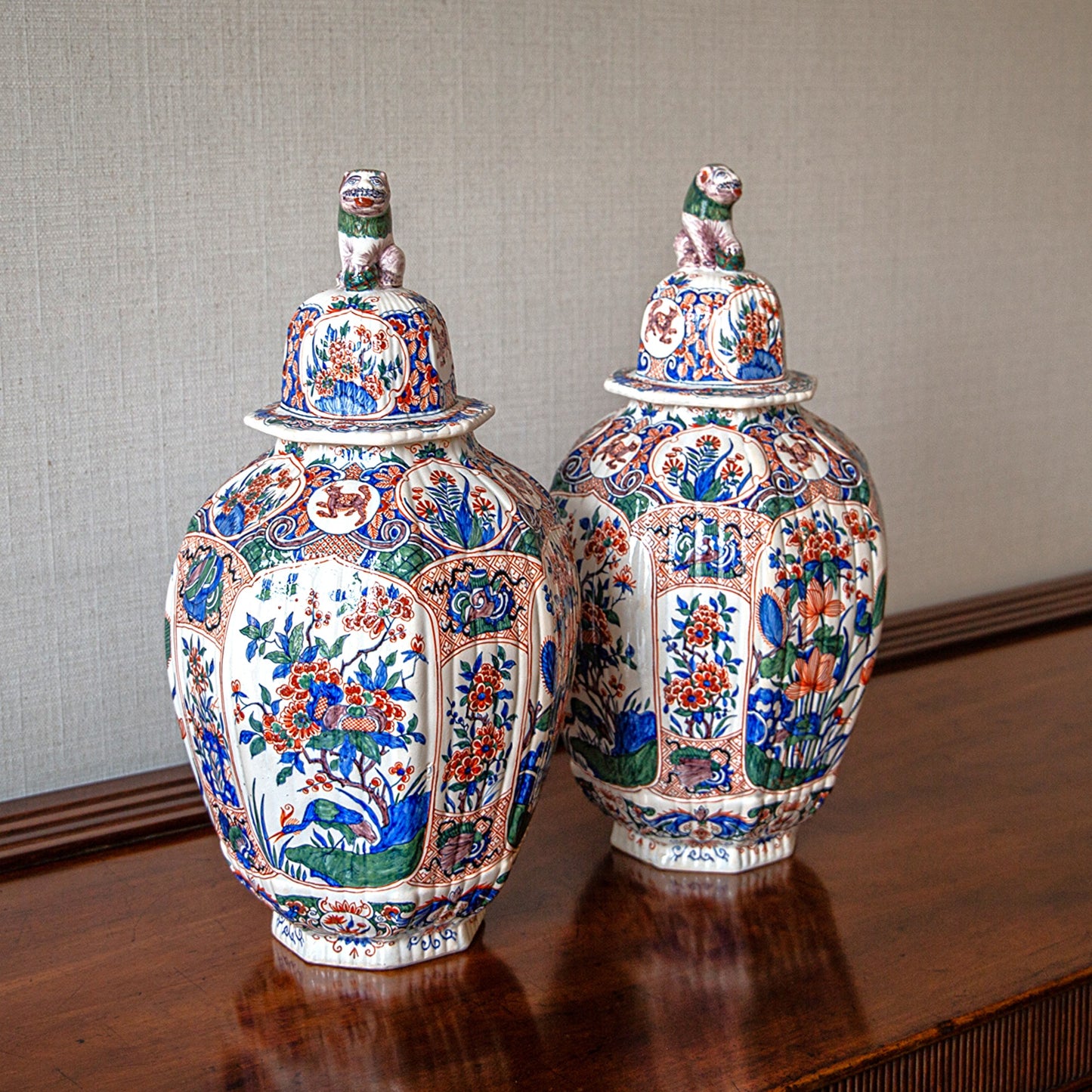 Pair of Lidded Delft Vases