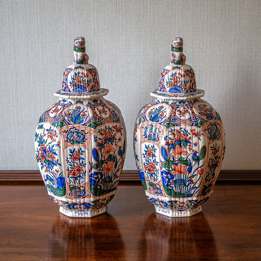 Pair of Lidded Delft Vases
