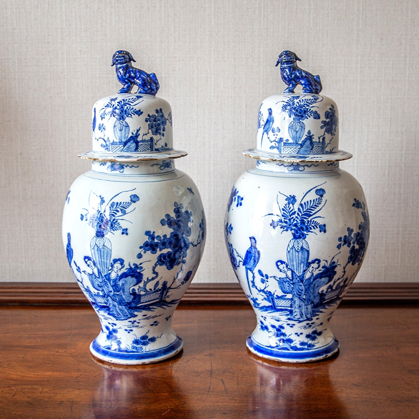 Pair of Large Delft Vases and Covers