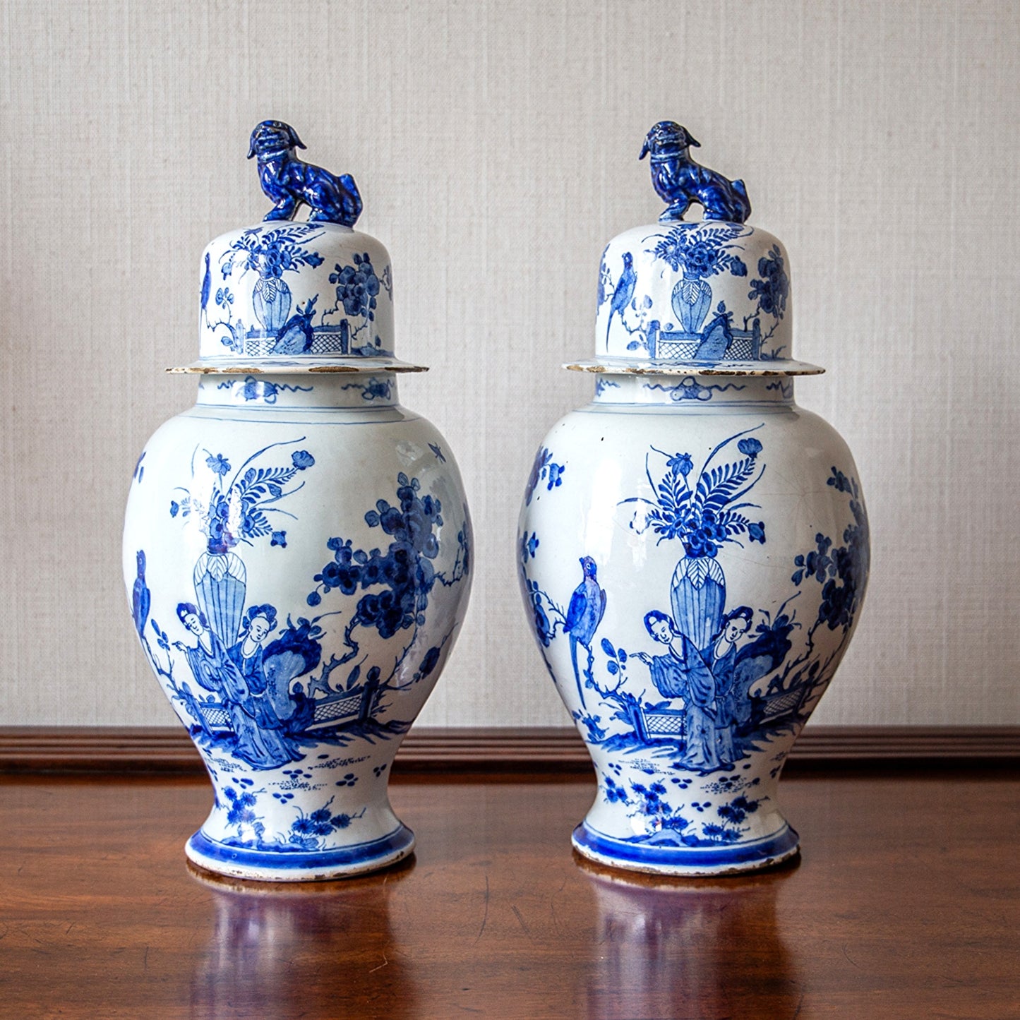 Pair of Large Delft Vases and Covers
