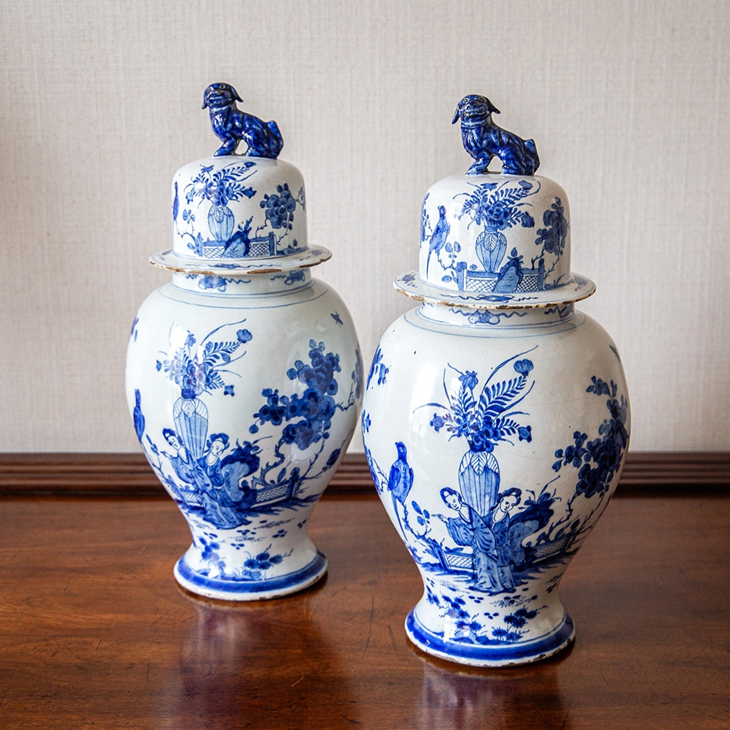 Pair of Large Delft Vases and Covers