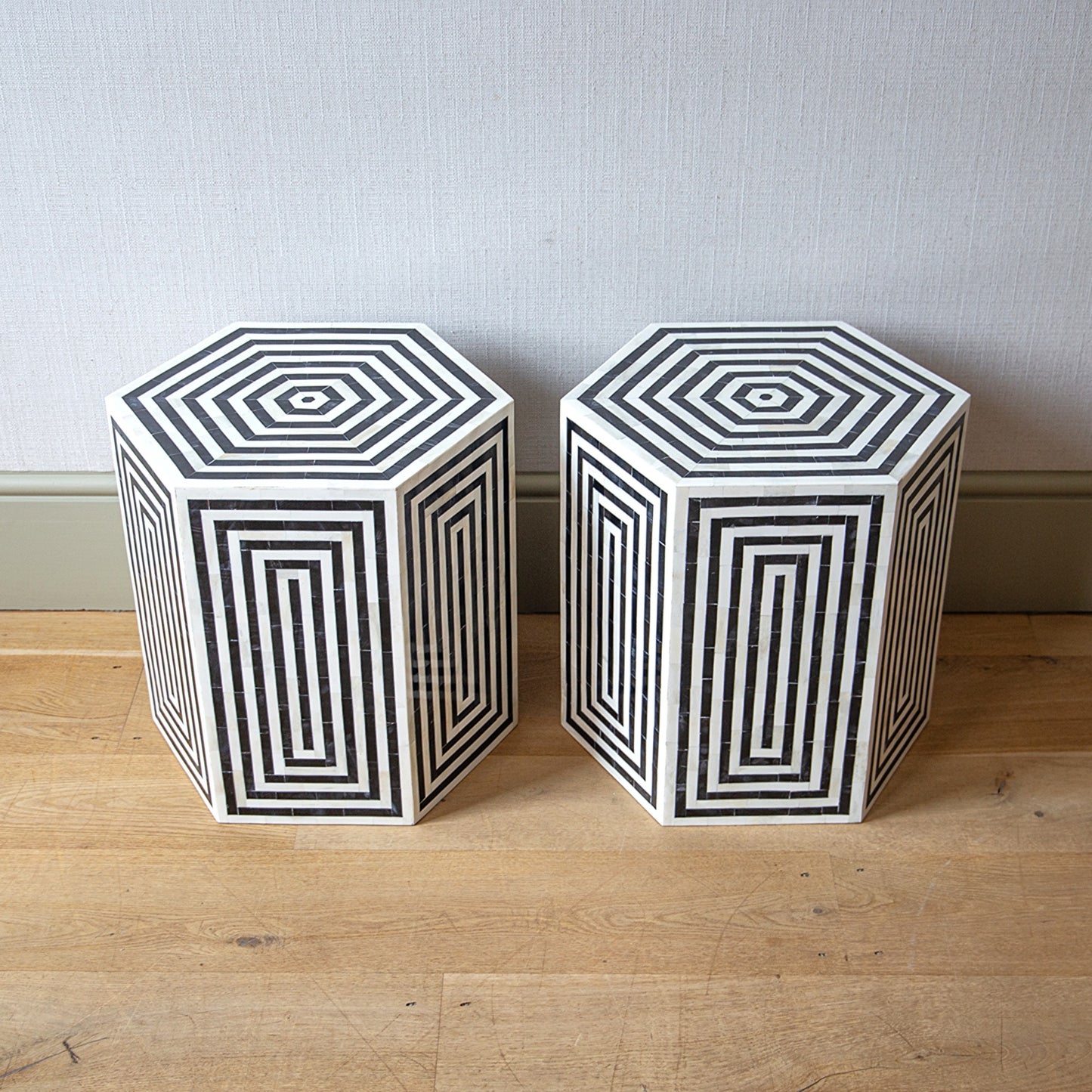 Pair of Horn and Ebonised Hexagonal Stools/Tables