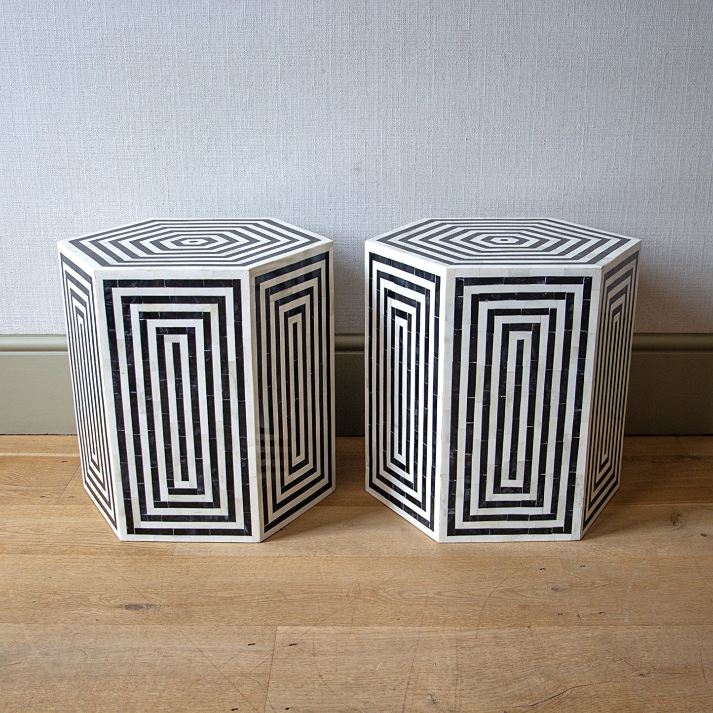 Pair of Horn and Ebonised Hexagonal Stools/Tables
