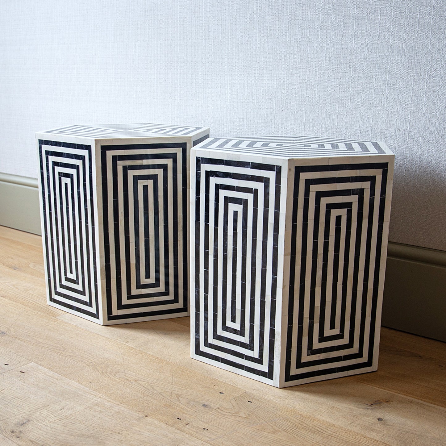 Pair of Horn and Ebonised Hexagonal Stools/Tables