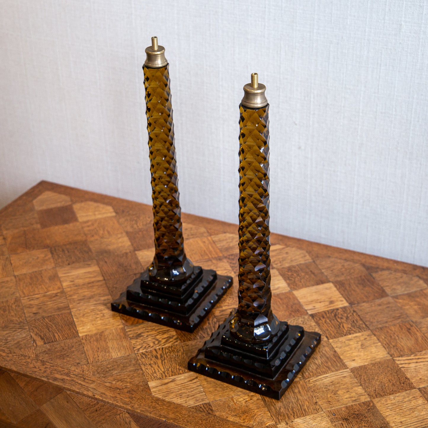 Pair of Cognac Faceted Glass Lamps