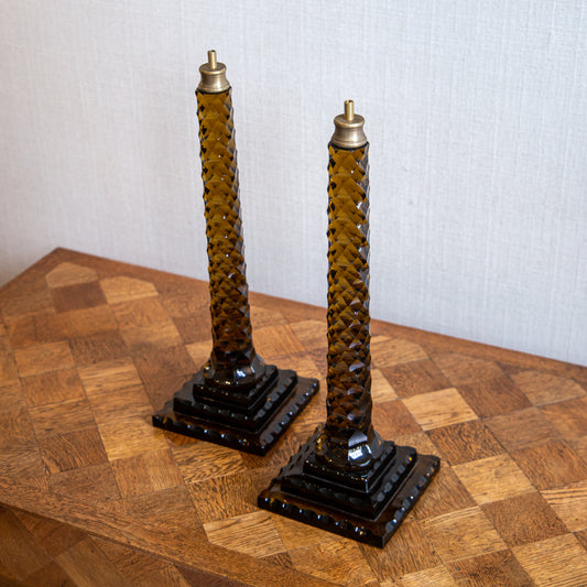 Pair of Cognac Faceted Glass Lamps