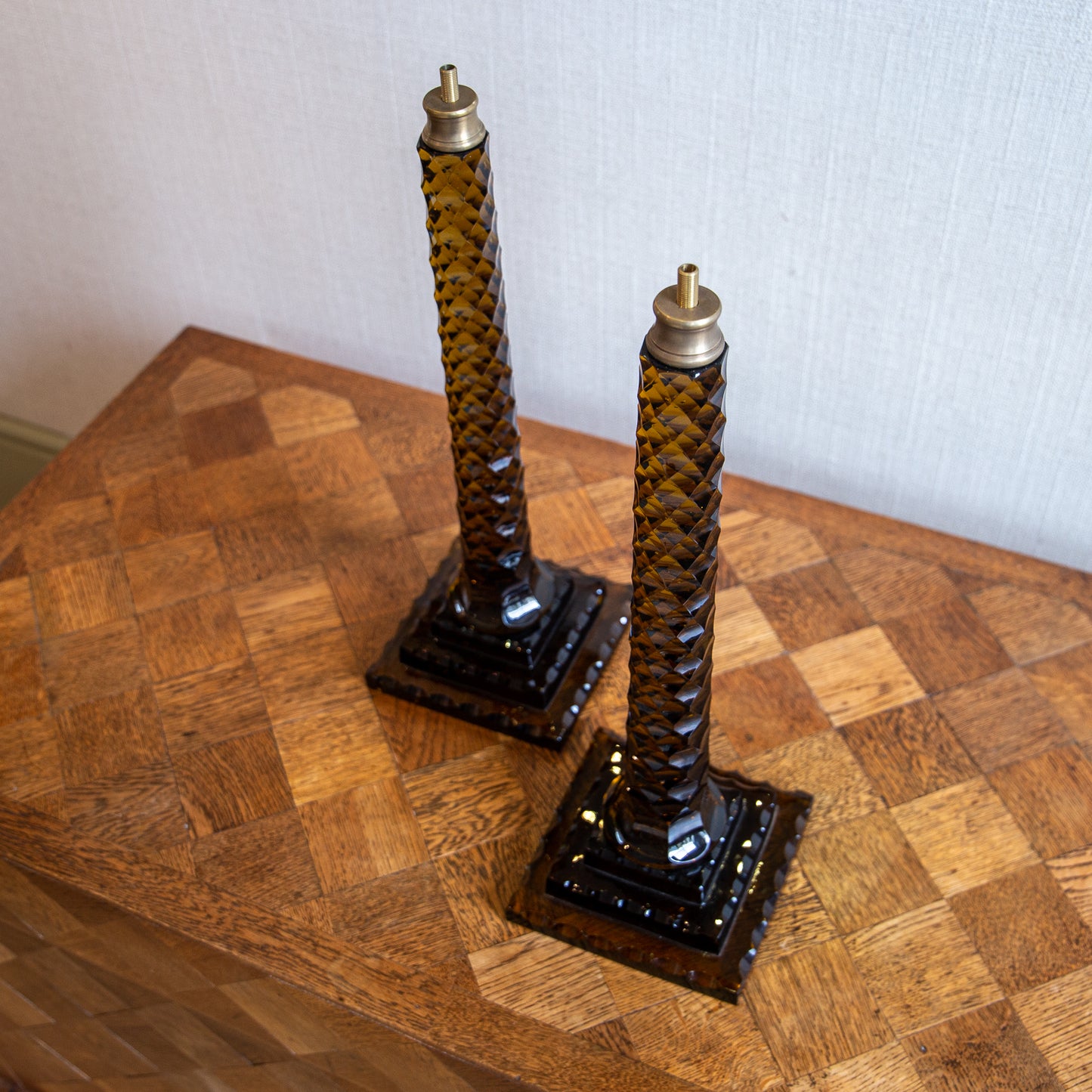 Pair of Cognac Faceted Glass Lamps