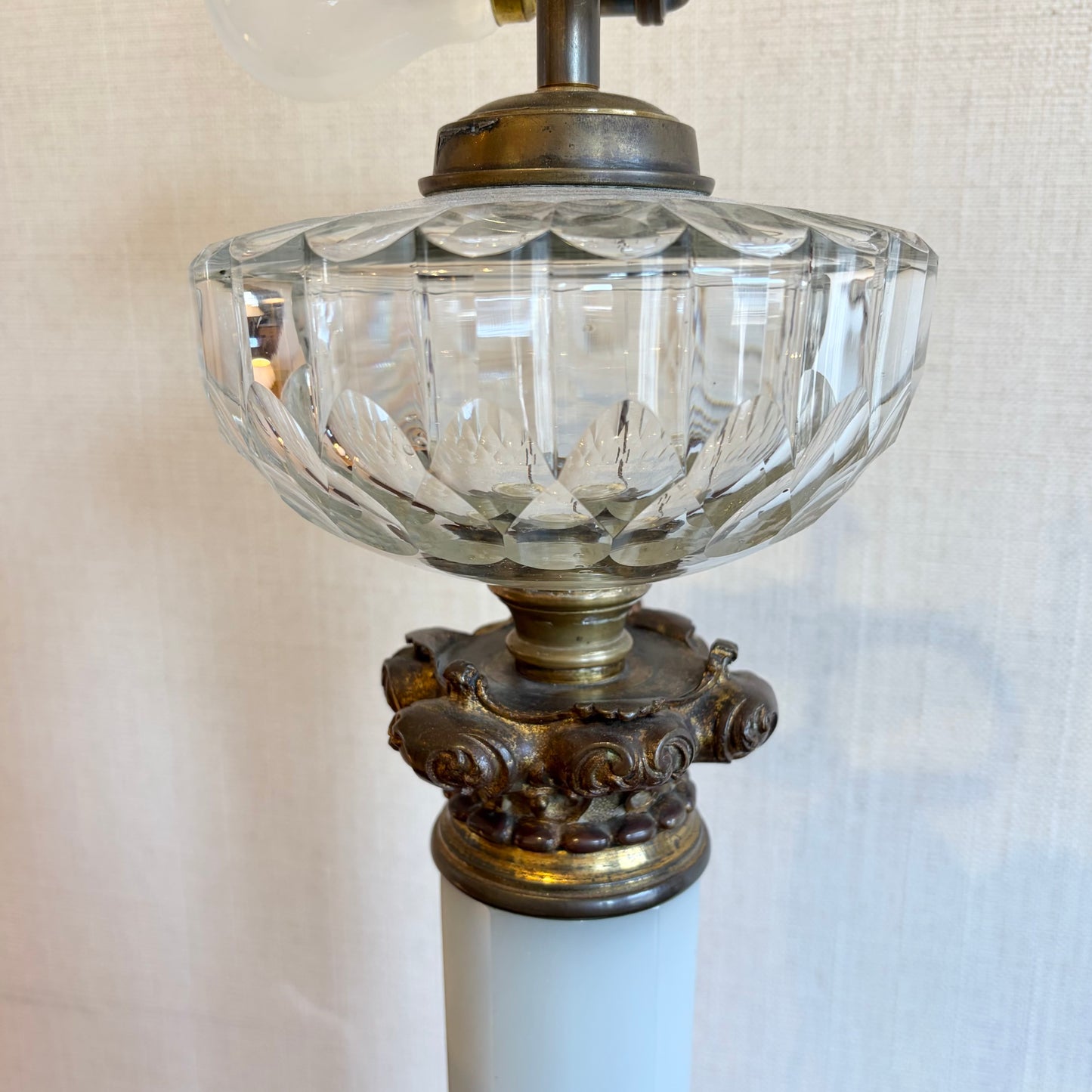Unusually Large Opaline Glass Column Lamp with Gilt Brass Mounts, c.1900