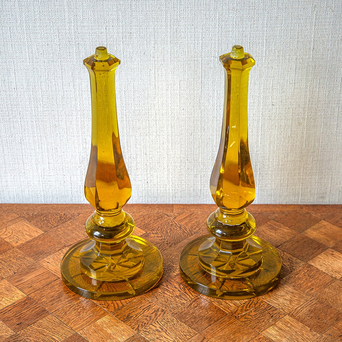 Pair of Yellow Glass Baluster Lamps