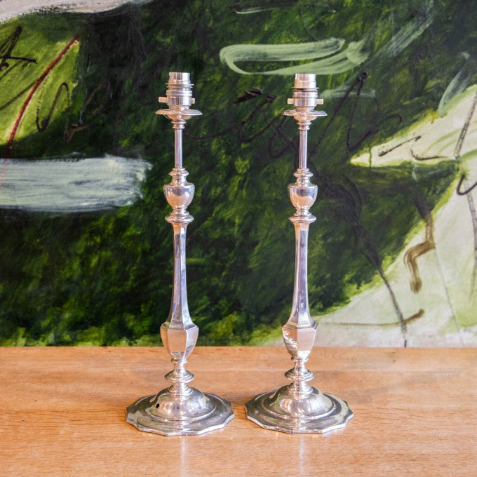 PAIR OF SILVERED CANDLESTICK LAMPS