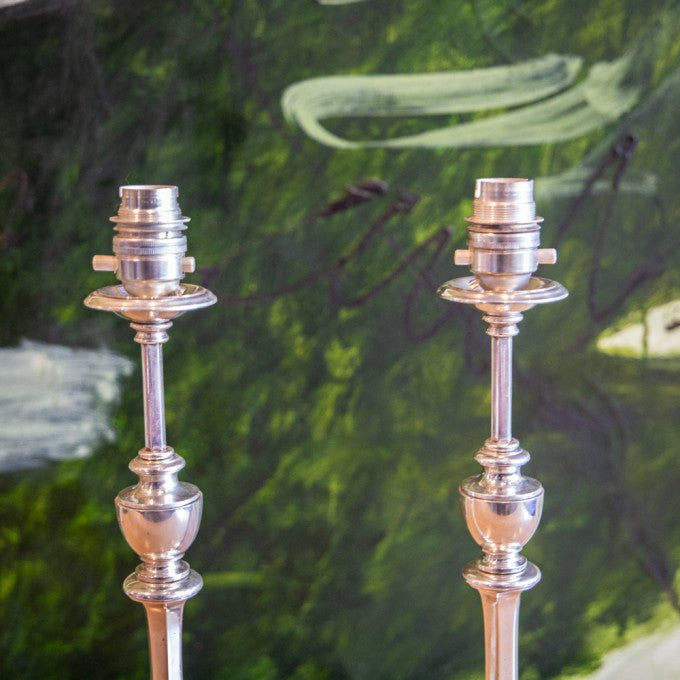 PAIR OF SILVERED CANDLESTICK LAMPS