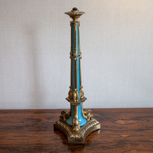 A GILT BRASS MOUNTED TURQUOISE CERAMIC LAMP WITH TRI-FORM BASE