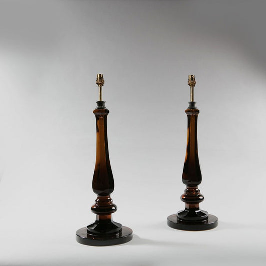 A PAIR OF COGNAC GLASS BALUSTER LAMPS