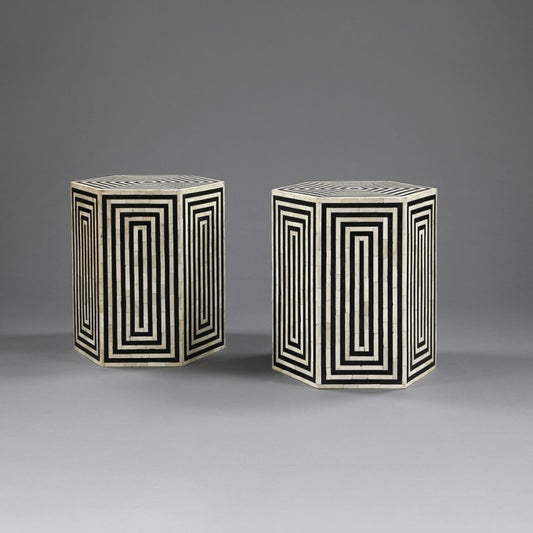 A PAIR OF HORN AND EBONISED HEXAGONAL SIDE TABLES / STOOLS