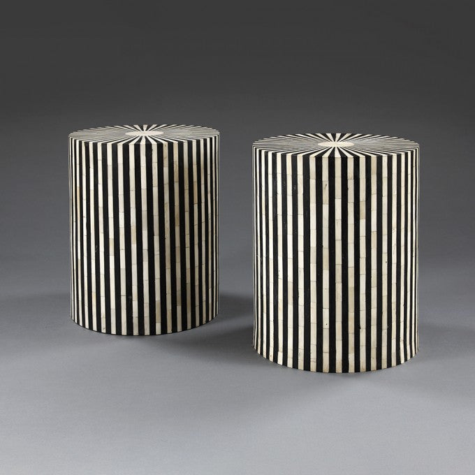A PAIR OF HORN AND EBONISED SIDE TABLES / STOOLS