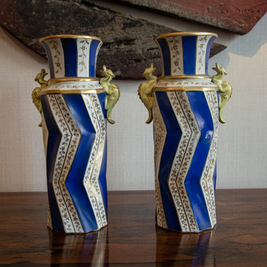 A RARE PAIR OF BLUE AND WHITE MASON'S IRONSTONE VASES