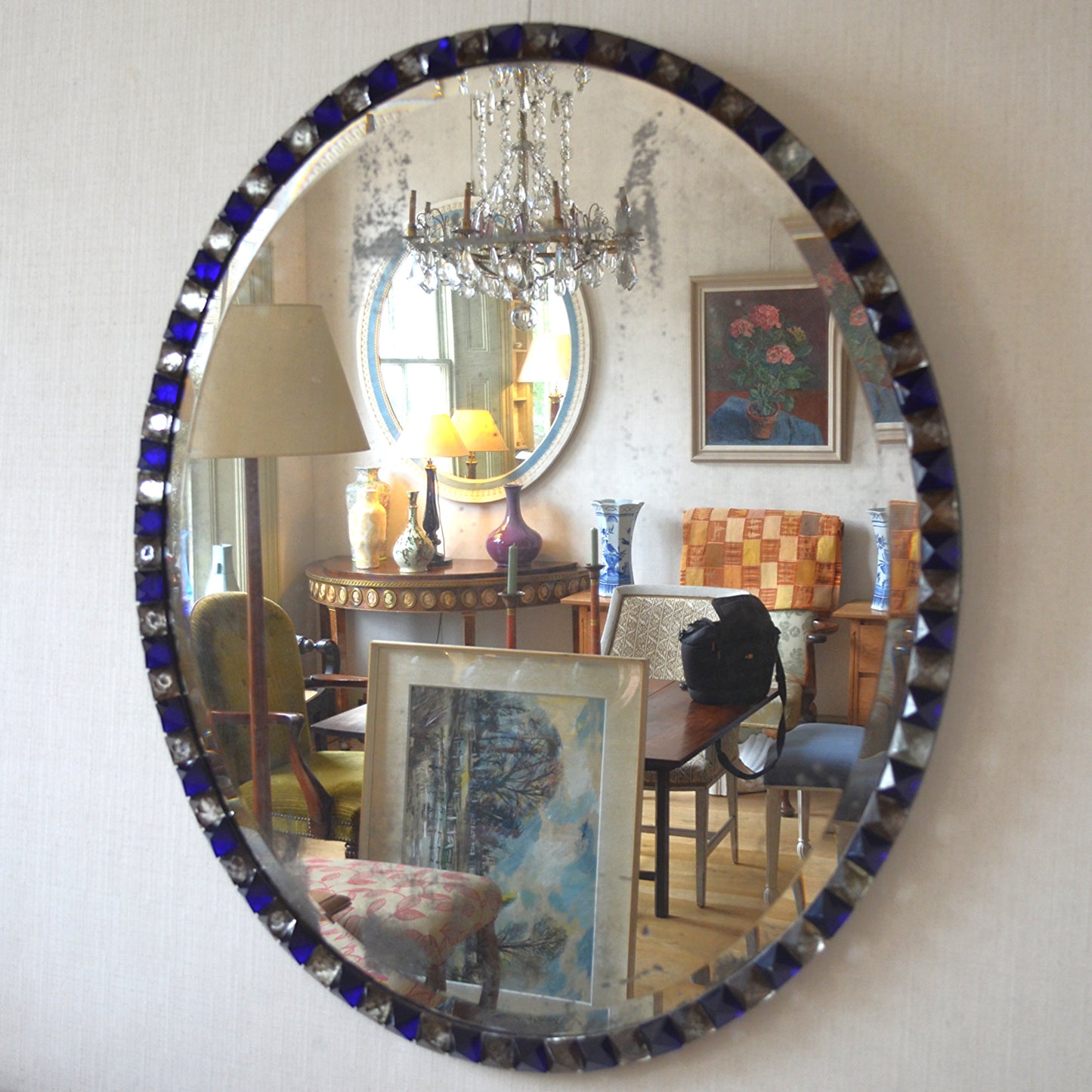 Blue and Clear Glass Framed Oval Mirror