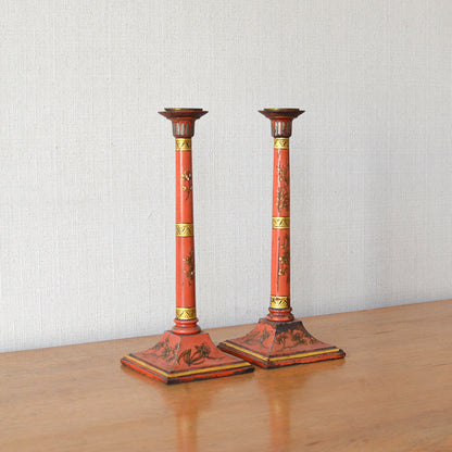 Pair of Red Lacquer Candlesticks