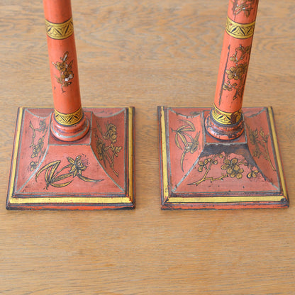 Pair of Red Lacquer Candlesticks