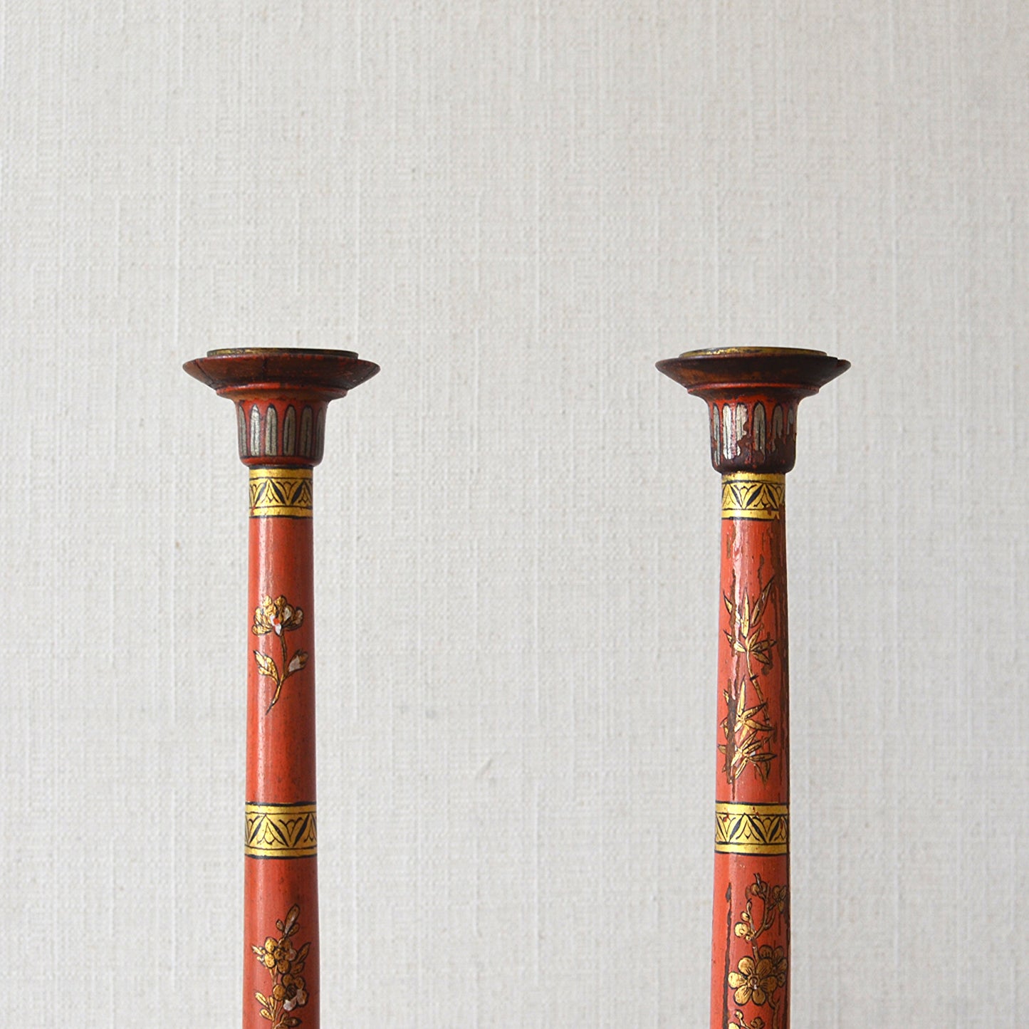 Pair of Red Lacquer Candlesticks