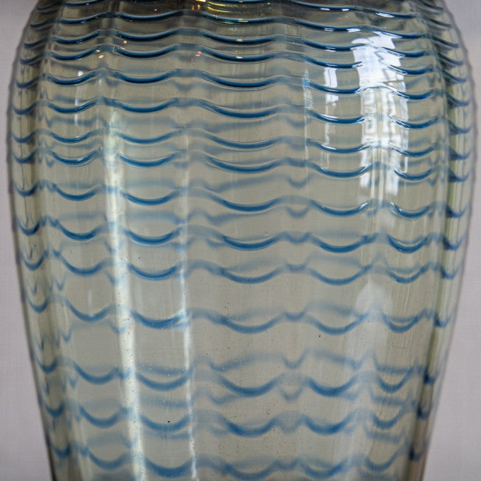 GLASS LAMP / VASE WITH TEAL THREADED DECORATION