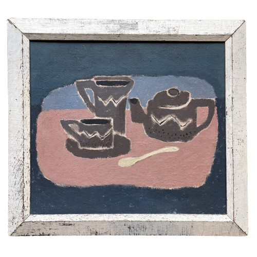 A SMALL ABSTRACT PAINTING OF A TEA SET