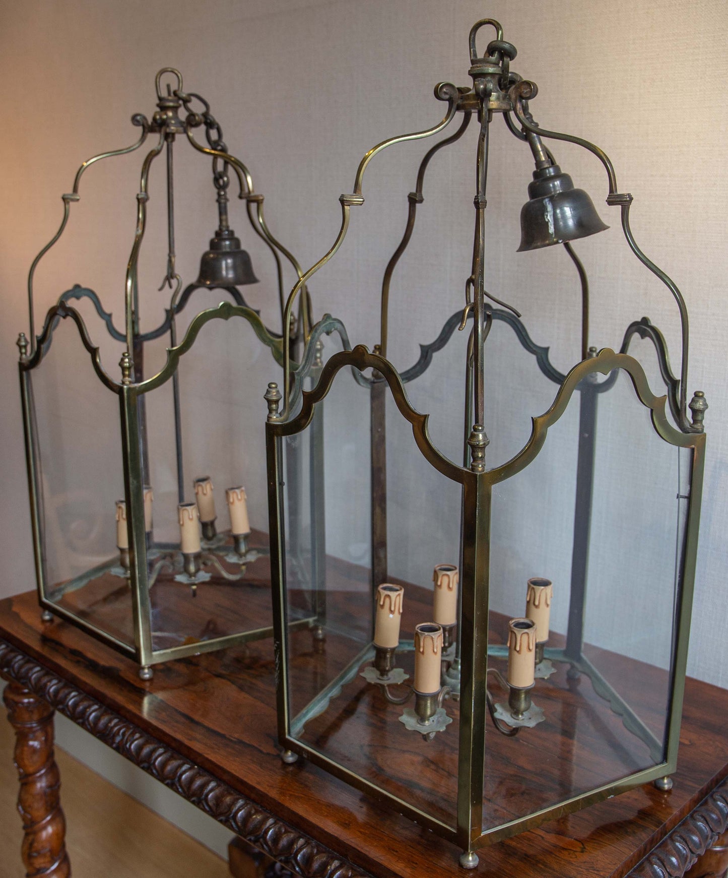 A Fine Pair of Mid Century Brass Lanterns