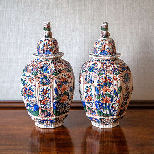 Pair of Lidded Delft Vases