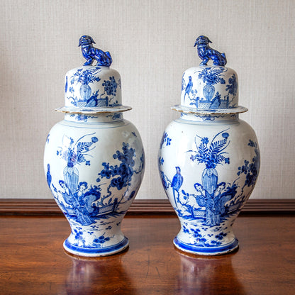 Pair of Large Delft Vases and Covers