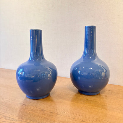 Pair of Chinese Periwinkle Blue Porcelain Bottle Neck Vases, 20th Century