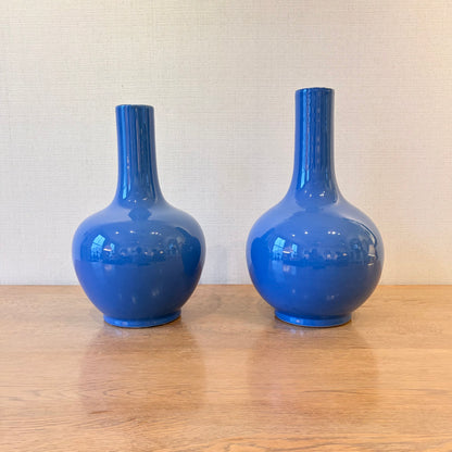 Pair of Chinese Periwinkle Blue Porcelain Bottle Neck Vases, 20th Century
