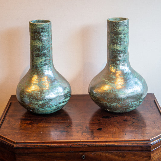 PAIR OF GREEN VASES WITH SILVER GILT DECORATION