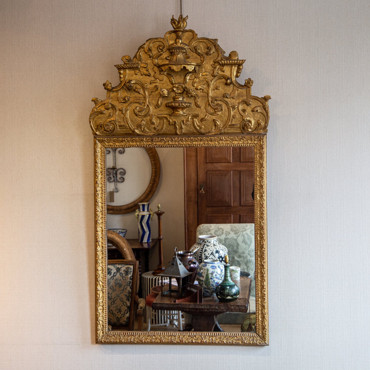 A Large Louis XIV Style Gilded Mirror with Elaborate Cresting