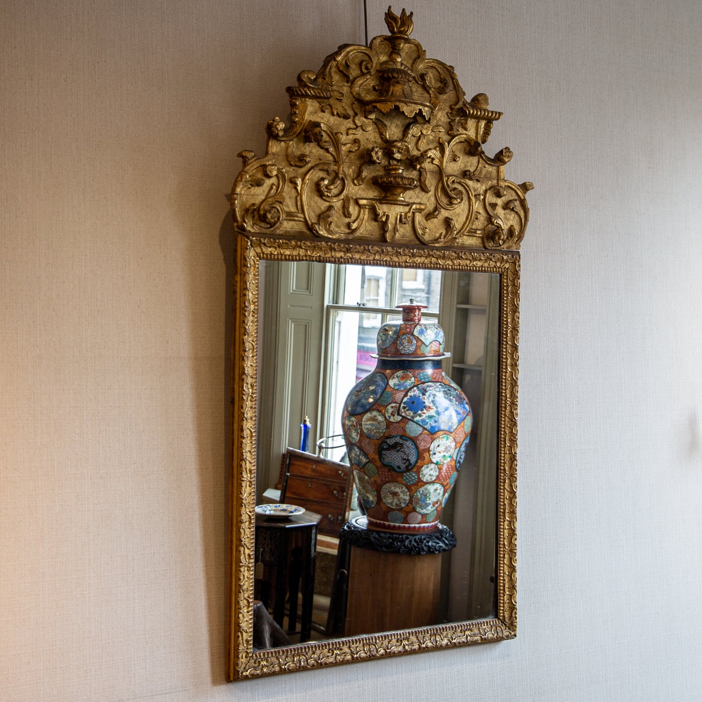 A Large Louis XIV Style Gilded Mirror with Elaborate Cresting