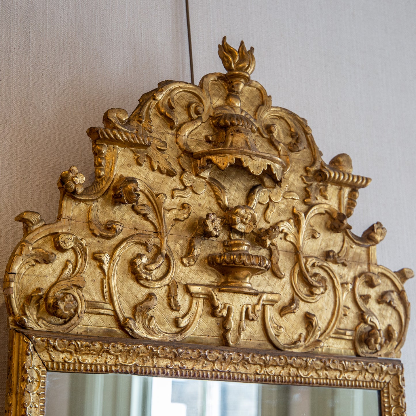 A Large Louis XIV Style Gilded Mirror with Elaborate Cresting