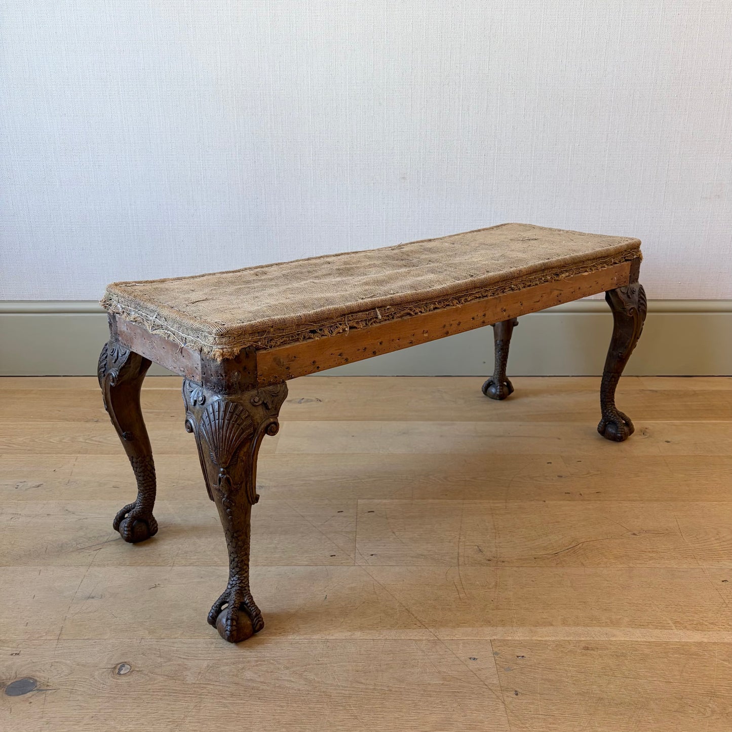 Unusual Carved Oak Cabriole Leg Long Stool, Late 19th Century