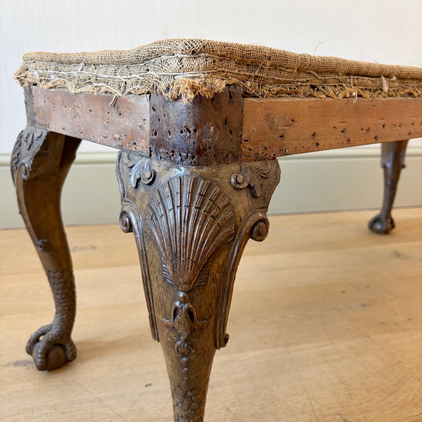 Unusual Carved Oak Cabriole Leg Long Stool, Late 19th Century