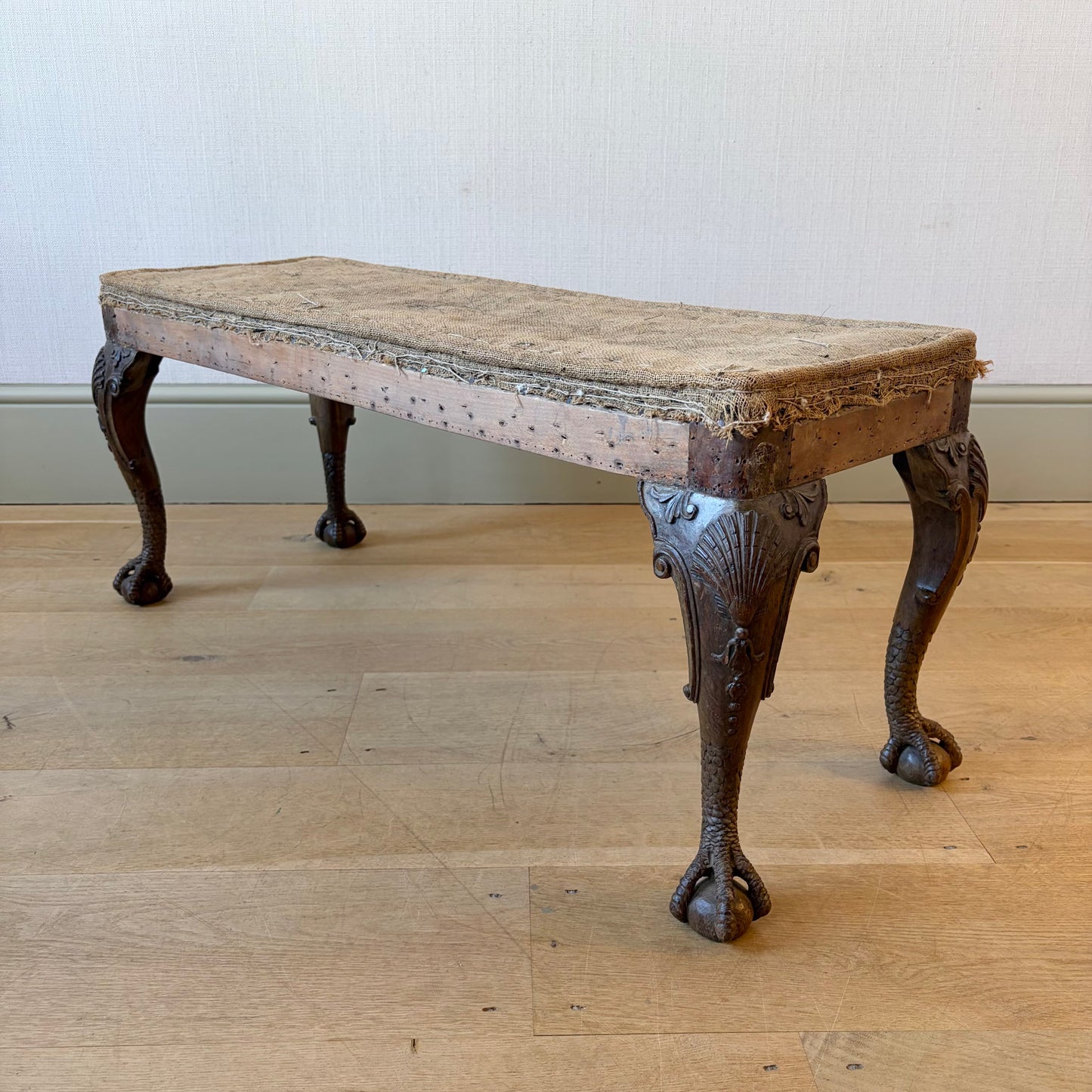 Unusual Carved Oak Cabriole Leg Long Stool, Late 19th Century