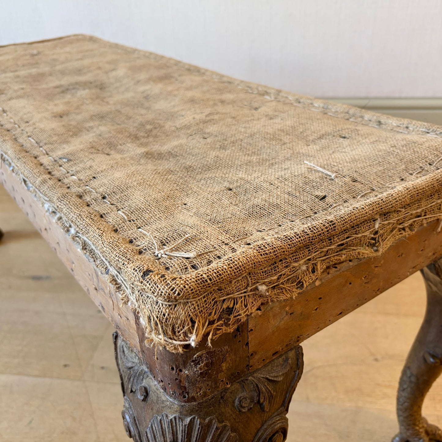 Unusual Carved Oak Cabriole Leg Long Stool, Late 19th Century